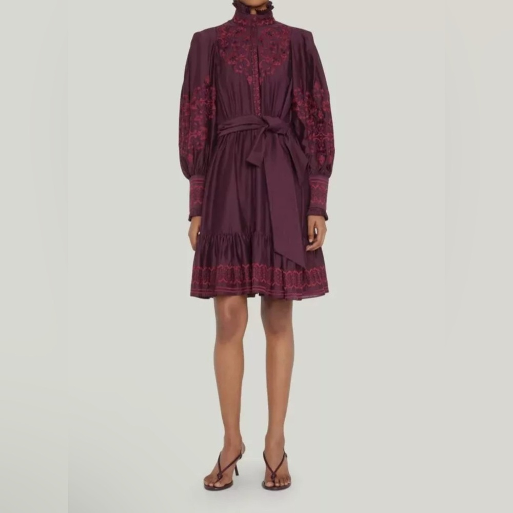 KOBI HALPERIN Chery Floral Embroidered Ruffle-Trim Dress long sleeve Large New